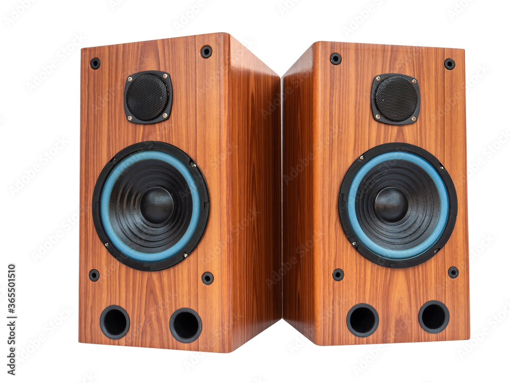 Fototapeta premium Wooden audio loudspeakers box isolated on white with clipping path