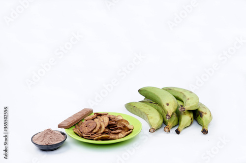 Wallpaper Mural Chocolate Banana chips with chocolate bar, chocolate powder and banana fruit on White Background Torontodigital.ca