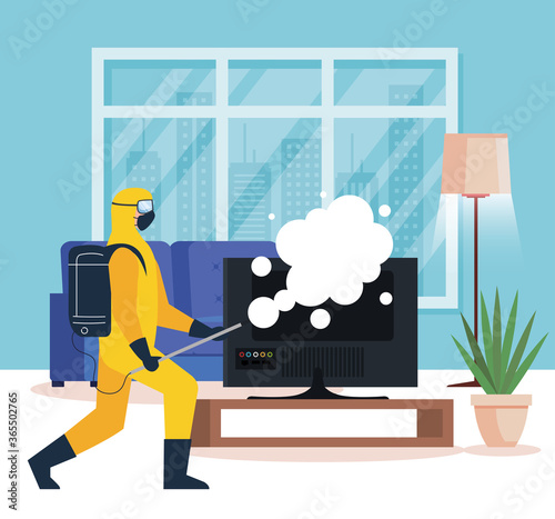 home disinfection by commercial disinfecting service, disinfection worker with protective suit and spray prevent covid 19 in living room house vector illustration design