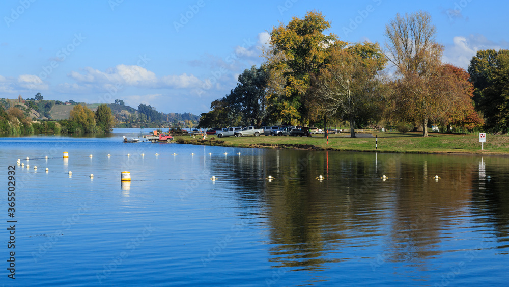 Boat launching area on Lake Karapiro, New Zealand, in autumn Boat launching area on Lake Karapiro, New Zealand, in autumn