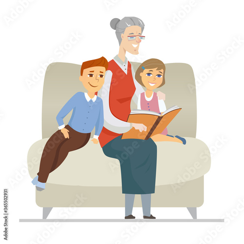 Fototapeta Naklejka Na Ścianę i Meble -  Grandmother reading to grandchildren - flat design style illustration