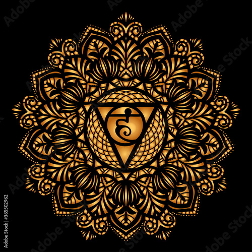 Vishuddha - the fifth guttural chakra. Sacral sign. Meditation Vishuddha. Throat chakra. Symbol of the fifth human chakra. Vector illustration.Yoga, meditation, reiki. suitable for laser cutting