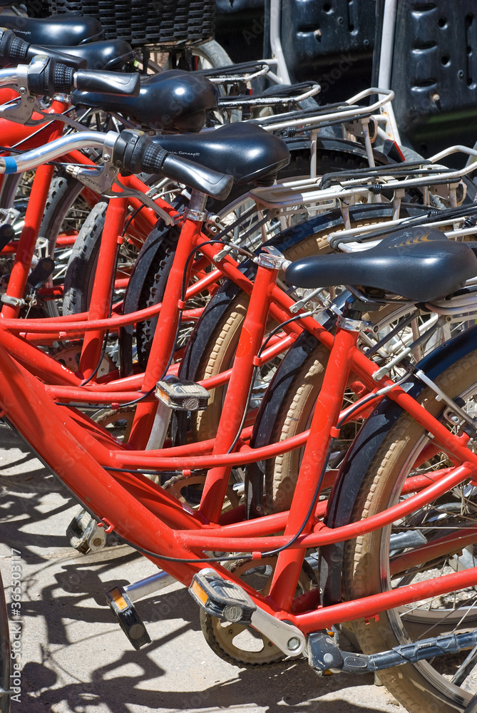 Reihe Fahrräder eines Fahrradverleihs