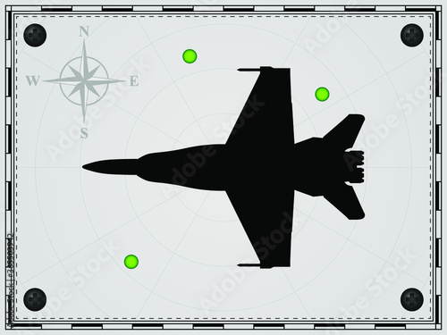 Airplane on a map background with radar elements. Aircraft. Wind rose. Vector illustration.