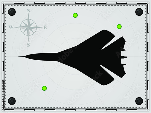 Airplane on a map background with radar elements. Aircraft. Wind rose. Vector illustration.