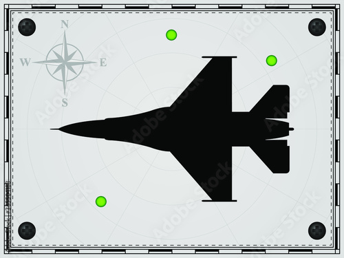 Airplane on a map background with radar elements. Aircraft. Wind rose. Vector illustration.