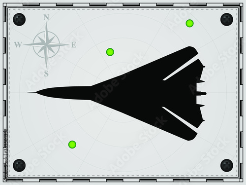 Airplane on a map background with radar elements. Aircraft. Wind rose. Vector illustration.