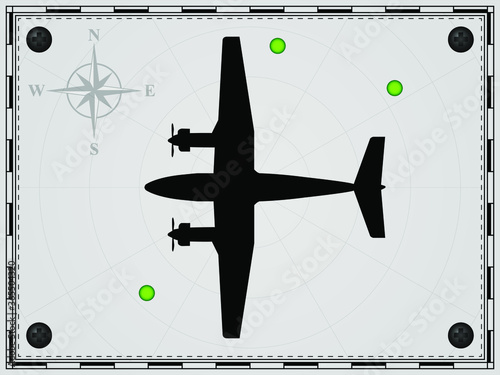 Airplane on a map background with radar elements. Aircraft. Wind rose. Vector illustration.