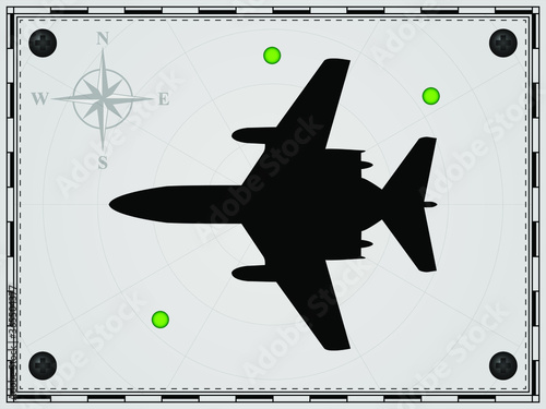 Airplane on a map background with radar elements. Aircraft. Wind rose. Vector illustration.