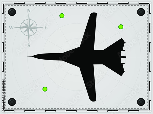 Airplane on a map background with radar elements. Aircraft. Wind rose. Vector illustration.
