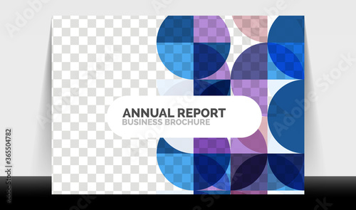 Horizontal A4 business flyer annual report template, circles and triangle style shapes modern geometric design for brochure layout, magazine or booklet