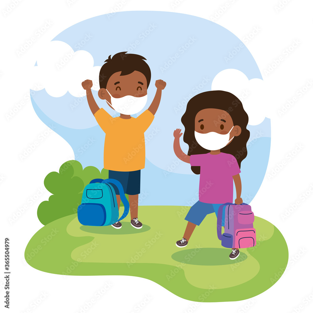 cute students afro wearing medical mask to prevent coronavirus covid 19 with school bag on outdoor vector illustration design