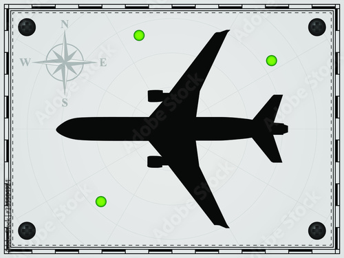 Airplane on a map background with radar elements. Aircraft. Wind rose. Vector illustration.