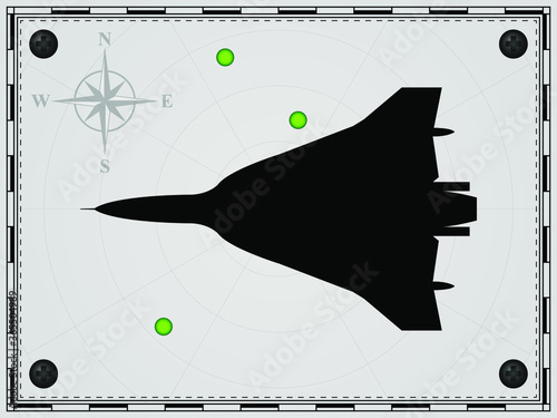 Airplane on a map background with radar elements. Aircraft. Wind rose. Vector illustration.