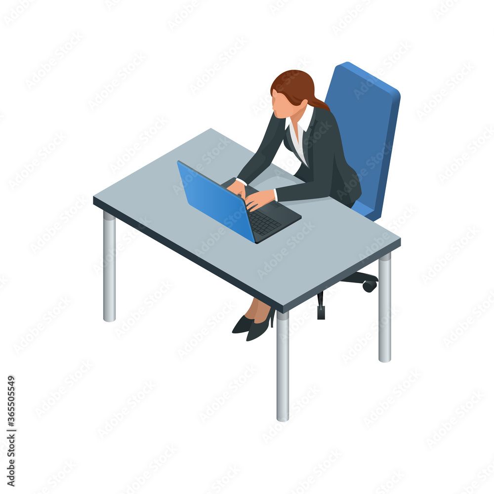 Isometric Business women stylish isolated on white. Business ladies, business woman character pose. Business woman working at the computer Isometric Business women stylish isolated on white. Business ladies, business woman character pose. Business woman working at the computer