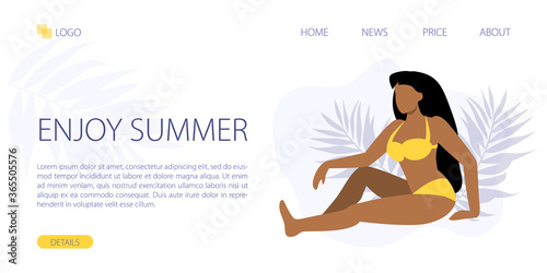 Vector illustration of black or tan woman sitting in yellow bikini. Summer holiday or Vacation concept. Sun bathing, tanning in the sun. Web page template