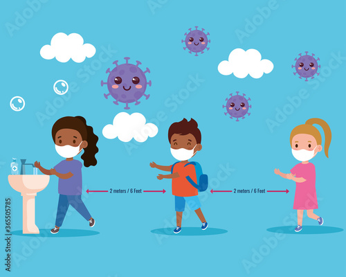 kids wearing medical mask and social distancing protect coronavirus covid 19, stand in line to wash their hands vector illustration design