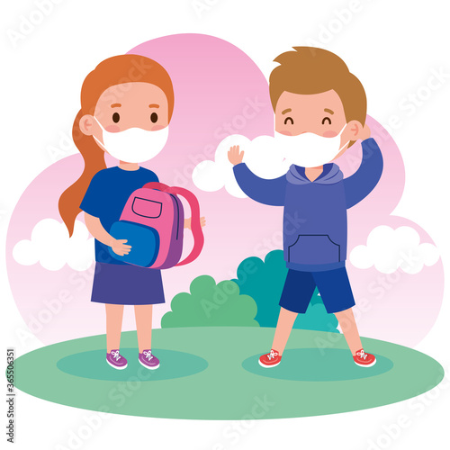 cute children wearing medical mask to prevent coronavirus covid 19 on outdoor vector illustration design