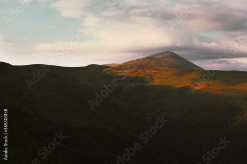 Panoramic view of the sunset in the Carpathian mountains.