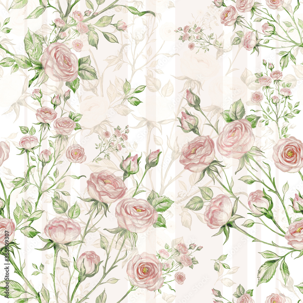 Seamless pattern of bouquets of roses drawn by pencil and paints on paper