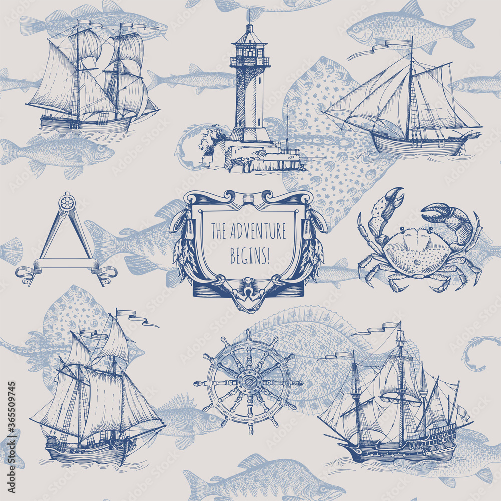 Set of decorative elements for menu design in a marine style. Old ship,  lighthouse, sea monsters, fish, wheel, compass meter, frames for  inscriptions. Stock Vector