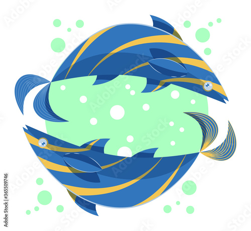 Colorful zodiac sign Pisces depicting two fish moving in opposite directions. Illustration of an astrology sign. Vector flat design icon.