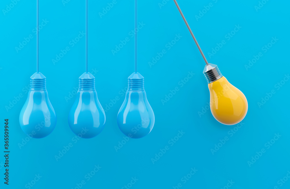 Outstanding glowing yellow light bulb among blue light bulbs 3D illustration with clipping path. 3D rendering Outstanding glowing yellow light bulb among blue light bulbs 3D illustration with clipping path. 3D rendering