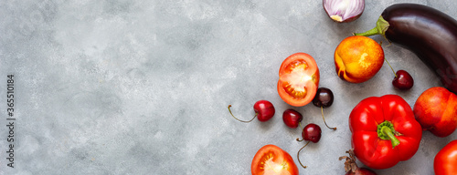 Red vegetables and fruits background. Top view, Copy space.