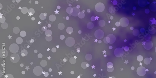 Light Purple vector texture with circles, stars. Colorful disks, stars on simple gradient background. Pattern for trendy fabric, wallpapers.