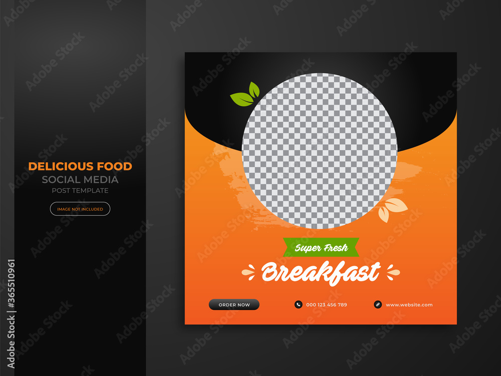 Delicious fast food chicken fry on bowl or healthy food social media square restaurant breakfast sale banner template in black, orange and yellow background Delicious fast food chicken fry on bowl or healthy food social media square restaurant breakfast sale banner template in black, orange and yellow background
