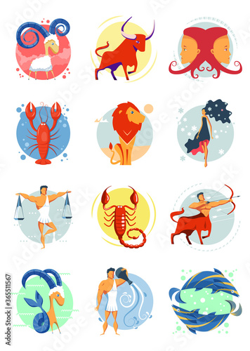 Colorful set of zodiac signs Aries, Leo, Sagittarius, Taurus, Virgo, Capricorn, Gemini, Libra, Aquarius, Cancer, Scorpio, Pisces. Astrology horoscope. Vector flat design cartoon icons