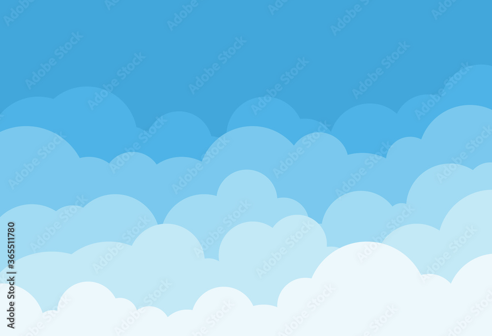 Cloud sky vector background pattern in cartoon style for summer sunshine poster design. Light blue flat fluffy heaven clouds illustration for banner scene backdrop. White and blue nature landscape V1