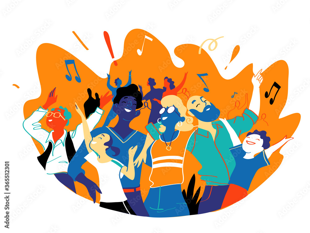 Un gruppo di persone, famiglia, amici felici di stare insieme per celebrare un evento speciale. Una famiglia si gode un concerto, festival musicale, festa, spettacolo