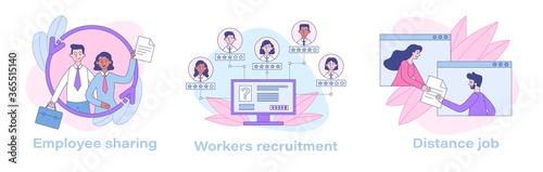Set of assorted business illustrations including employee sharing, workers recruitment and distance job. Vector drawing photo