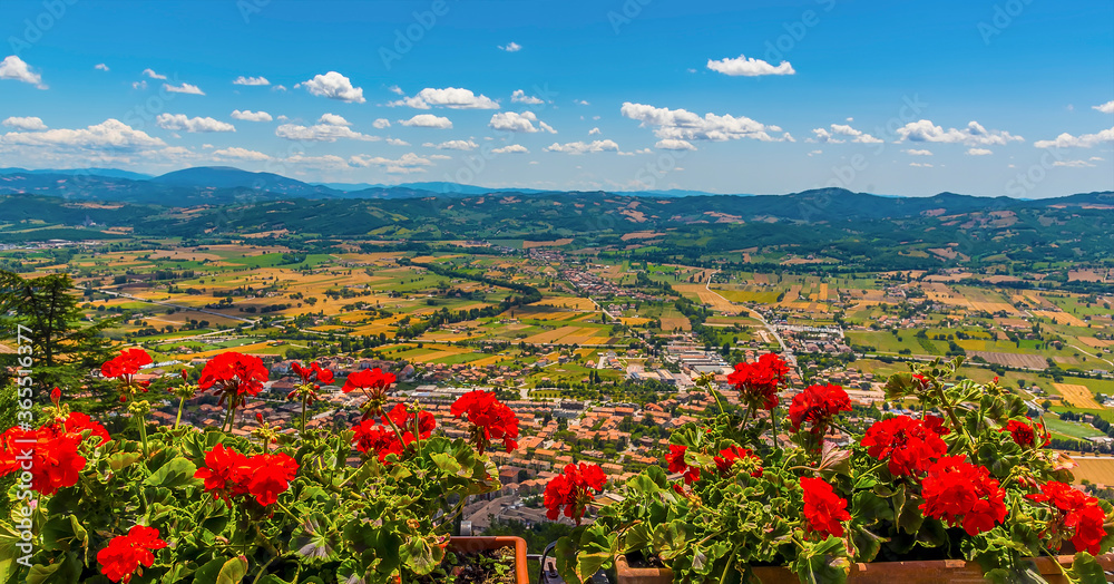 Flowers decorate the view from Mount Ingino over the city of Gubbio, Italy in summer