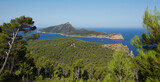 Panoramic of the Torre de Cala en Basset and the island of Sa Dragonera, taken from La Trapa, an old monastery located in San Telmo, Spanish municipality of Andrach, in Mallorca, Spain