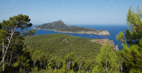 Panoramic of the Torre de Cala en Basset and the island of Sa Dragonera  taken from La Trapa  an old monastery located in San Telmo  Spanish municipality of Andrach  in Mallorca  Spain