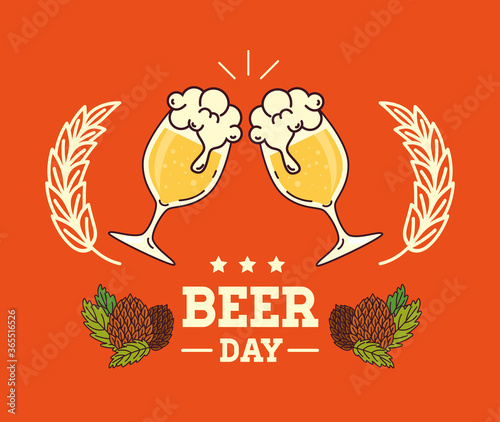 international beer day, august, beers and hop seeds vector illustration design
