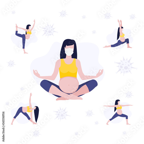 Vector illustration set of pregnant white girl or woman in differents asanas in protective mask doing yoga class around viruses. Healthy pregnant, sport in pregnancy. Home activity.