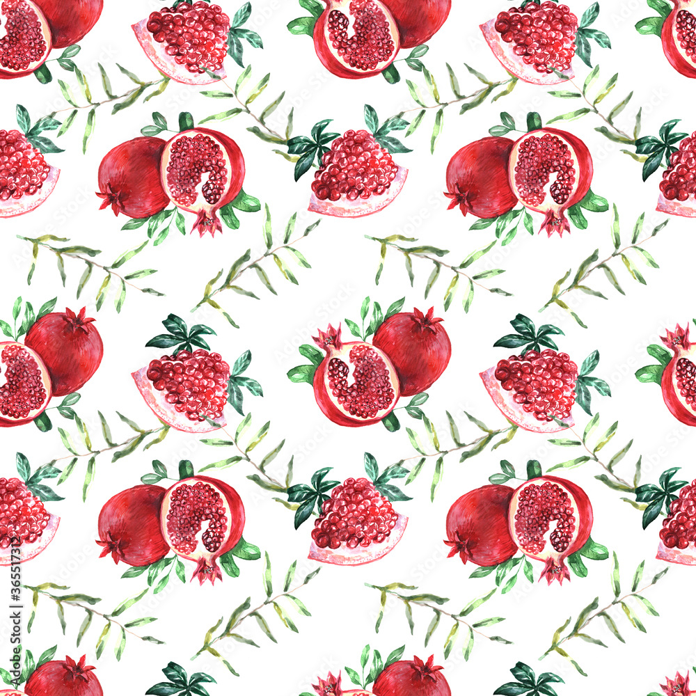 Seamless pattern pomegranates on a white background. Hand drawn watercolor illustration. Sketch style, vintage, retro, realism. The color is red, burgundy, green. juicy fresh fruits, south, exotic. Seamless pattern pomegranates on a white background. Hand drawn watercolor illustration. Sketch style, vintage, retro, realism. The color is red, burgundy, green. juicy fresh fruits, south, exotic.