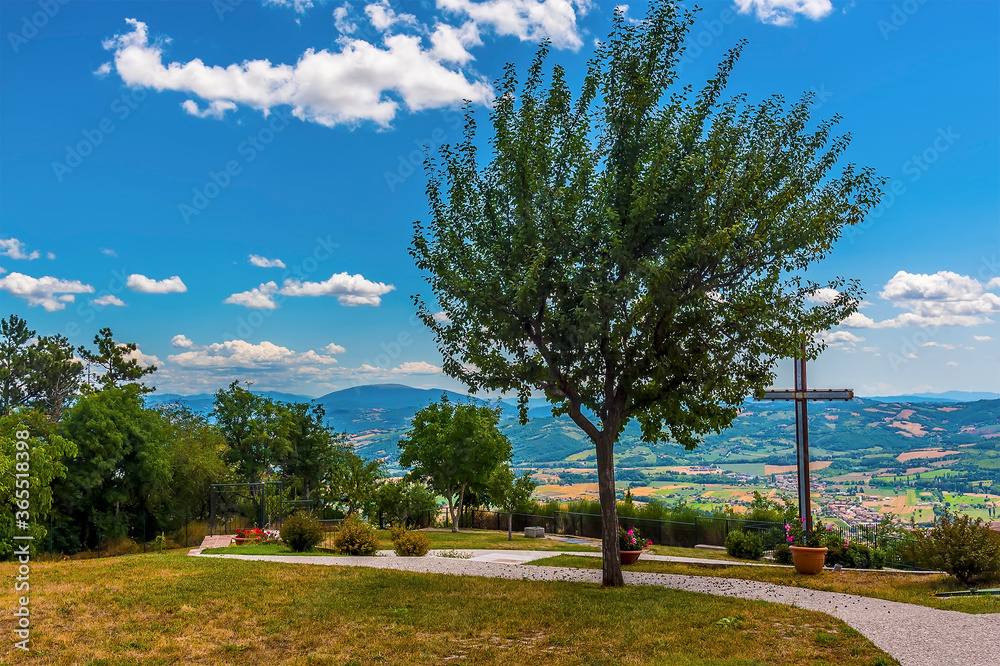 Naklejka premium A view across the top of the Mount Ingino above Gubbio, Italy in summer