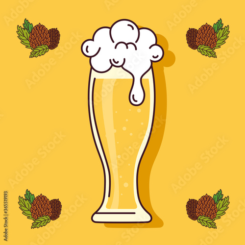 glass of beer with seeds hop on yellow background vector illustration design