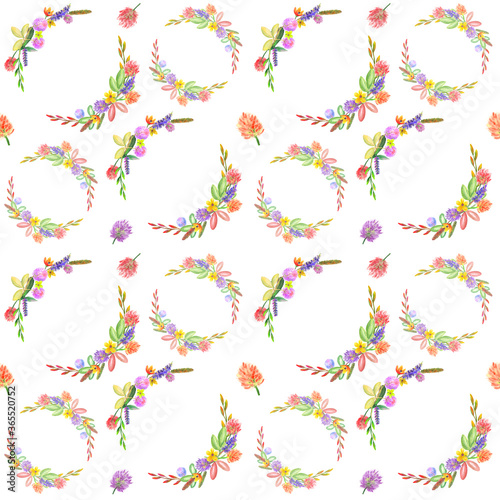 Watercolor colorful pattern with elegant bouquets of summer flowers, spikelets blades of grass and leaves. White background.