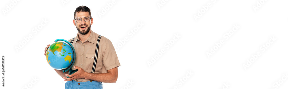 Horizontal image of positive nerd in suspenders holding globe isolated on white Horizontal image of positive nerd in suspenders holding globe isolated on white