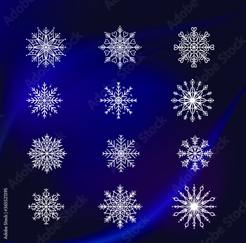 Set of snowflakes on abstract dark background. 