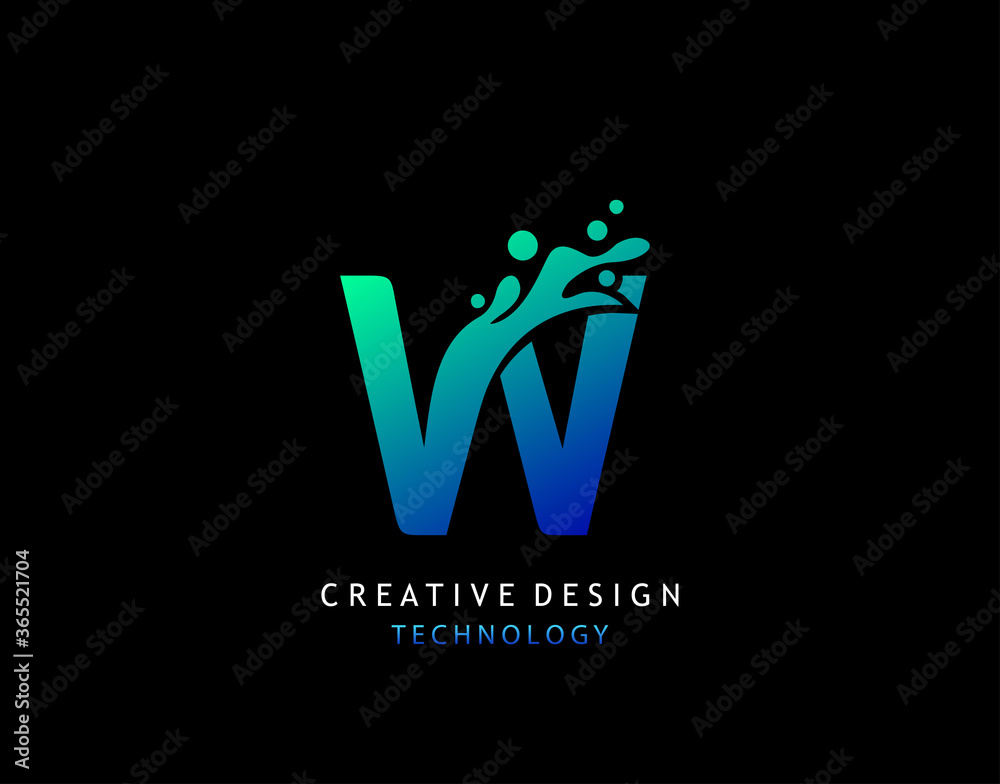 Letter W Water Splash Logo. Modern Techno Alphabetical Icon, Template Design.