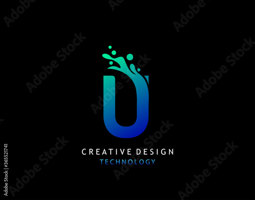 Letter U Water Splash Logo. Modern Techno Alphabetical Icon, Template Design.