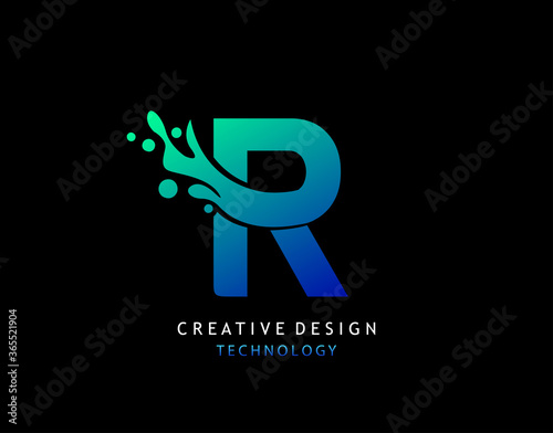 Letter R Water Splash Logo. Modern Techno Alphabetical Icon, Template Design.