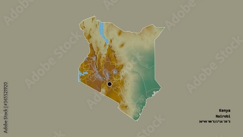 Nandi, county of Kenya, with its capital, localized, outlined and zoomed with informative overlays on a relief map in the Stereographic projection. Animation 3D photo
