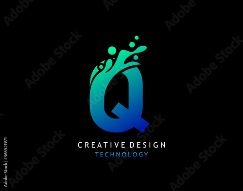 Letter Q Water Splash Logo. Modern Techno Alphabetical Icon, Template Design.